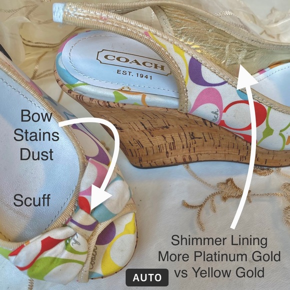 COACH Gwynnie Signature 4.5" Cork Wedge Slingback Sandals Multi Pastel with Bow. - Picture 13 of 15